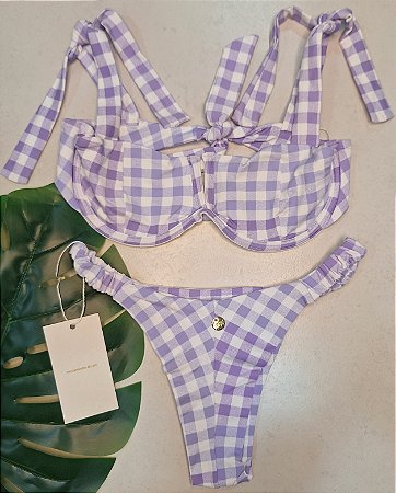 Biquíni laço com aro lavanda xadrez