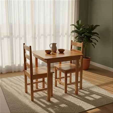 Mesa Fixa 80x80 Cm Quadrada Com 2 Cadeiras Em Madeira