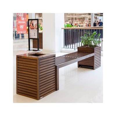 Banco de madeira com lixeira e cachepô de plantas - Móveis Shopping