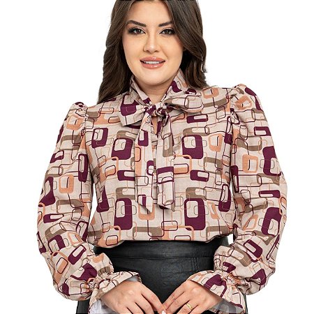 Blusa Feminina Estampada Elegante Manga Longa Bufante Gola Laço