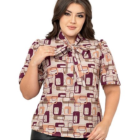Blusa Feminina Elegante Manga Curta Bufante Gola Laço - Estampada
