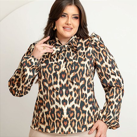 Camisa Feminina Animal Print Onça Floral Manga Longa/Bufante Gola Laço