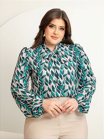 Camisa Feminina Estampada Floral Manga Longa/Bufante Gola Laço