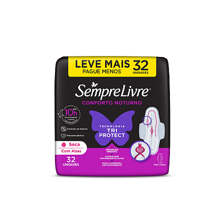 Absorvente Sempre Livre Noturno Seca Com Abas Com 32 Unidades