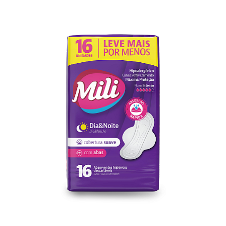 Absorvente Mili DiaNoite Suave 16 Unidades Com Abas