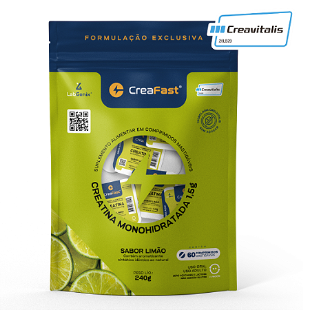 CreaFast Creatina Monohidratada Creavitalis 60 Comprimidos Mastigáveis Limão