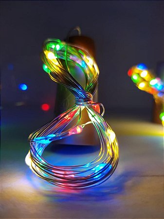 CORDÃO COBRE FIXO 20 LED COLORIDO C/ ROLHA  4,5V  0,6W