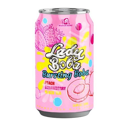 Lady Boba Bubble Black Tea Sabor Pêssego e Morango - 320ml