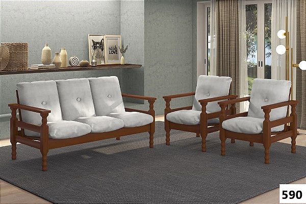 Conjunto de Estofado 3+1+1 Lugares Madeira Maciça Imbuia Tecido Poliester