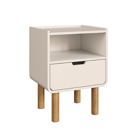 Mesa de Cabeceira Aura 450| 1 Gaveta Orgânica Pé Madeira | Offwhite