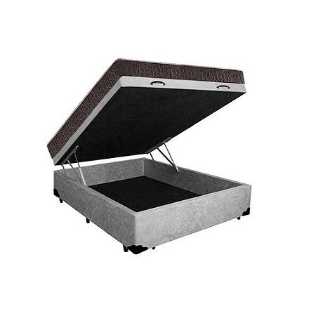 Cama Box Baú Casal sueds cinza  + Colchão Espuma D33   56x138x188