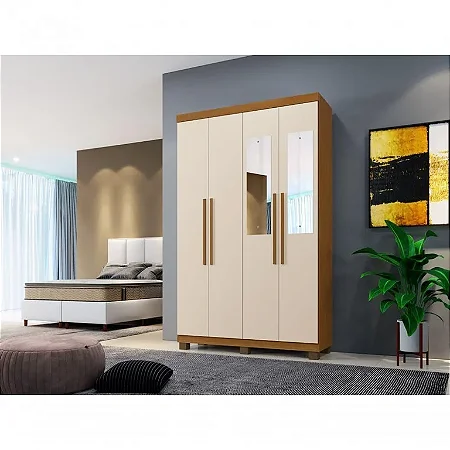 Guarda-roupa Solteiro 109,80cm 4 Portas com Espelho Cinamomo/Off White