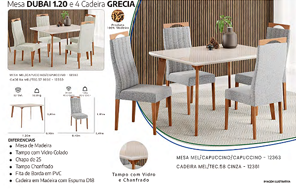 Mesa DUBAI 1.20 e 4 Cadeira GRECIA