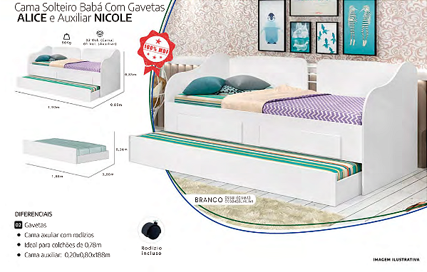 Cama Solteiro Babá Com Gavetas ALICE e Auxiliar NICOLE
