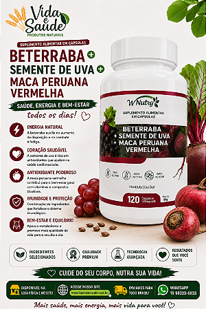 BETERRABA, FARINHA DE UVA E MACA PERUANA VERMELHA 120 CAPSULAS