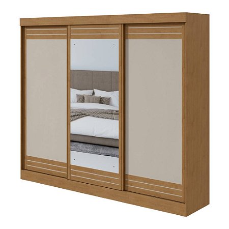 Guarda Roupa Casal com Espelho 3 Portas Nice Amêndoa/Off White Móveis Lopas