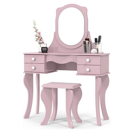 Penteadeira 4 Gavetas Com Espelho e Banqueta Princesa Rosa Patrimar Móveis