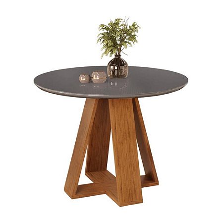 Mesa de Jantar 103,5cm Com Tampo De Vidro Redonda Celeste Freijó/Chumbo DJ Móveis