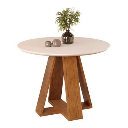 Mesa de Jantar 103,5cm Com Tampo De Vidro Redonda Celeste Freijó/Off White DJ Móveis