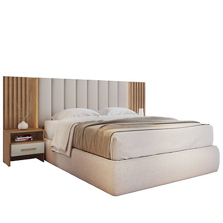 Cabeceira Casal com Mesas de Cabeceiras e LED Himalaia Cumaru/Fendi Móveis Novo Horizonte