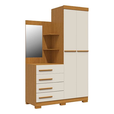 Guarda Roupa Solteiro 2 Portas 4 Gavetas com Espelho Melissa Cinamomo/Off White ACP Móveis