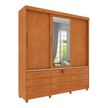 Guarda Roupa Casal 3 Portas 9 Gavetas Com Espelho Chicago Cinamomo Tcil