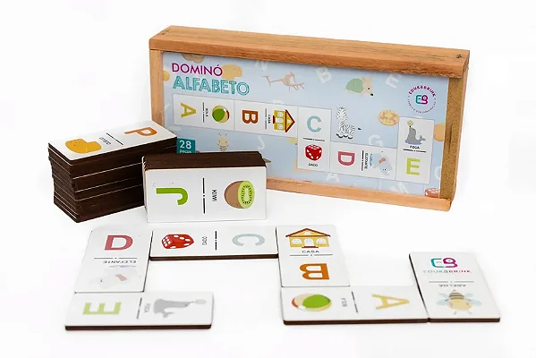 Jogo Educativo em Madeira – Dominó Figuras e Letras 28 Peças