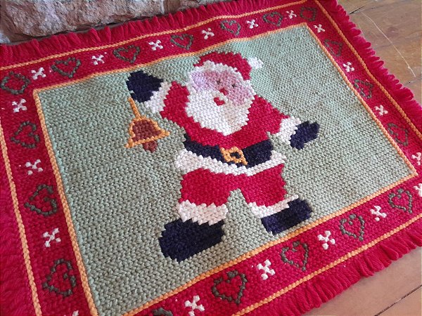 Tapete Arraiolo Vermelho Papai Noel Natal 55x70cm