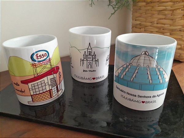 Trio de Canecas de Porcelana Pontos Turísticos de Itajubá-MG