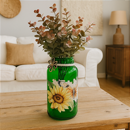 Vaso Girasol com Arranjo de Eucalíptos.