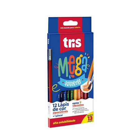 Lápis de Cor Aquarelável Mega Aqua  12 Cores + Pincel Tris