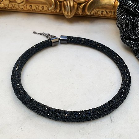 Colar Malha Strass Preto