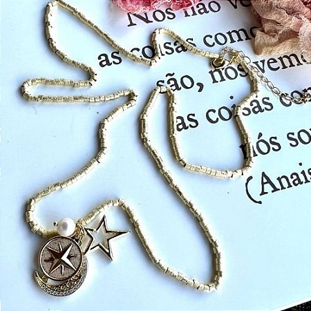 Colar Canutilhos Pingentes Fosco Dourado