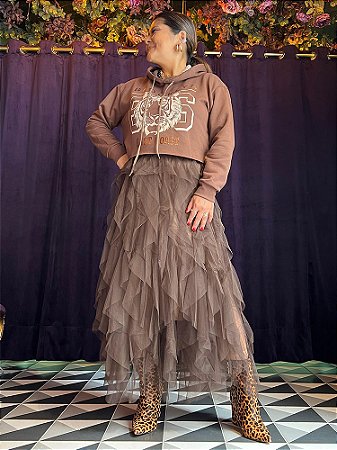 Saia Tule Camadas Marrom