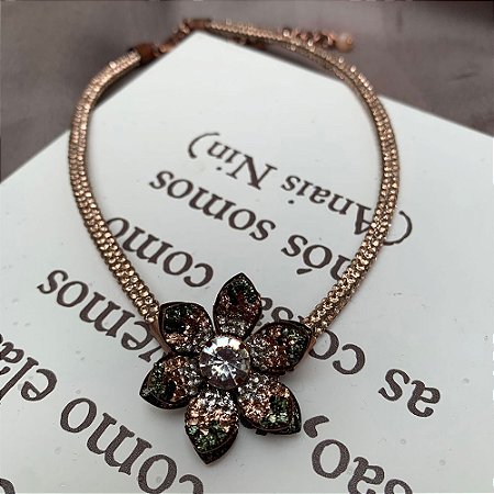 Colar Flor Strass Champagne Cobre