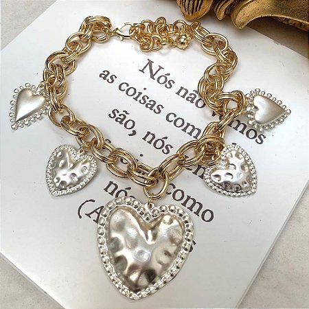 Colar Corações Elos Dourado
