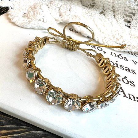 Pulseira Pedras Brancas Couro Dourado