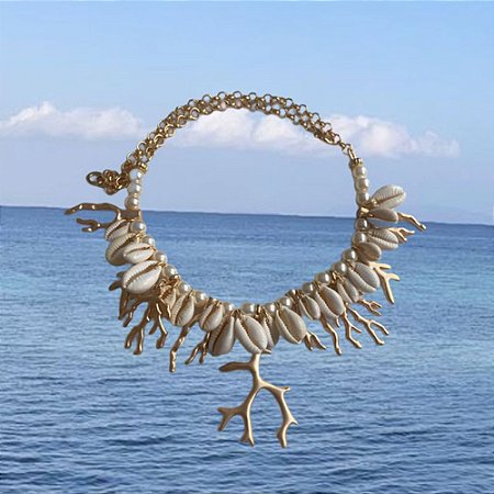 Colar Pérolas Búzios Coral Dourado Fosco