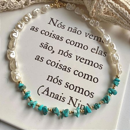 Colar Pérolas Cascalhos Turquesa
