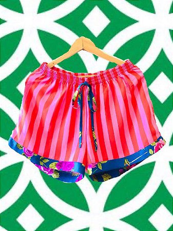 Shorts Listras Barrado Flores Azul