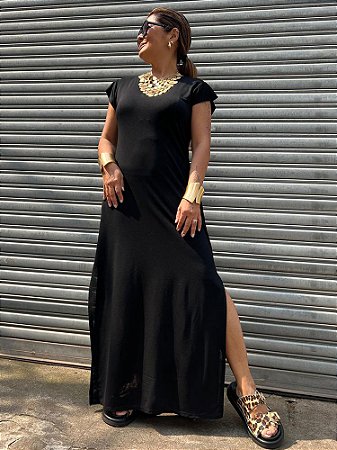 Vestido Longo Asas Pedrinhas Preto