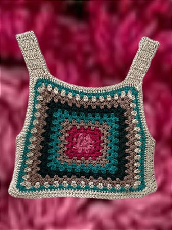 Regata Crochê Quadrados Turquesa