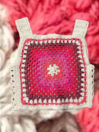 Regata Crochê Quadrados Rosa