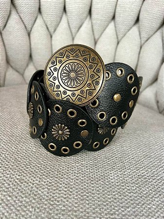 Cinto Círculos Mandalas Preto Ouro Velho