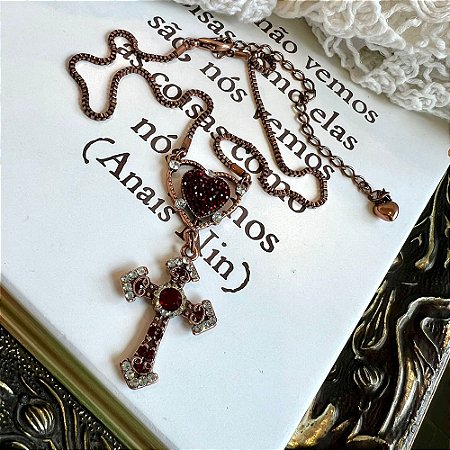 Colar Coração Crucifixo Cobre