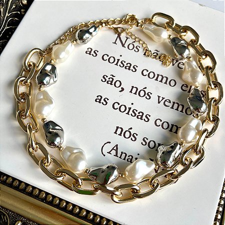 Colar Duplo Elos Feijões Dourado