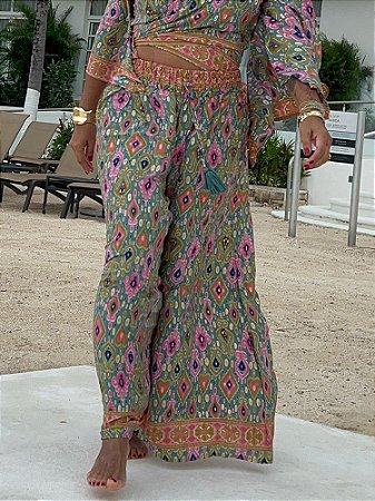 Calça Estampado Rosa Turquesa