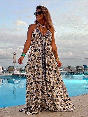 Vestido Longo Estampado Azul