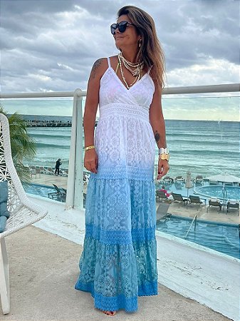 Vestido Longo Degradê Azul Claro