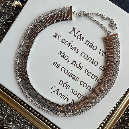 Colar Malha Strass Prateado